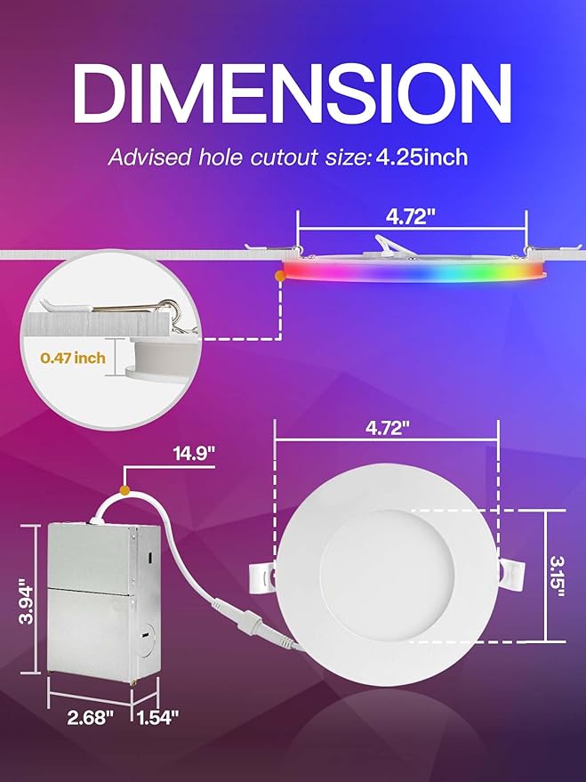6 Pack 4 Inch Smart LED Recessed Lighting with RGB Back Light, 9W 850LM Smart LED Recessed Lights with Junction Box, 2700K-6000K Color Changing Work with Google Assistant/Siri, Hub INCL