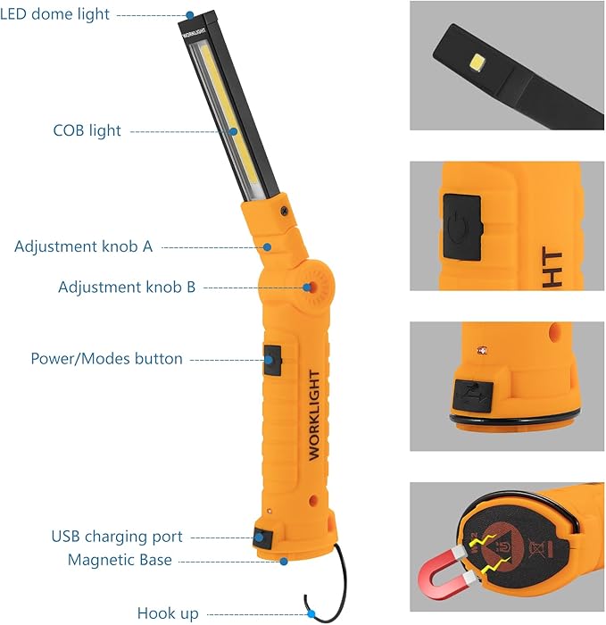 4 Pack WorkLights Tools for Mens Dad Gift,LED Rechargeable Magnetic Flashlights with Hook 360° Rotate 5 Modes Emergency Light for Mechanic, Automotive,Camping and Christmas Birthday Gift