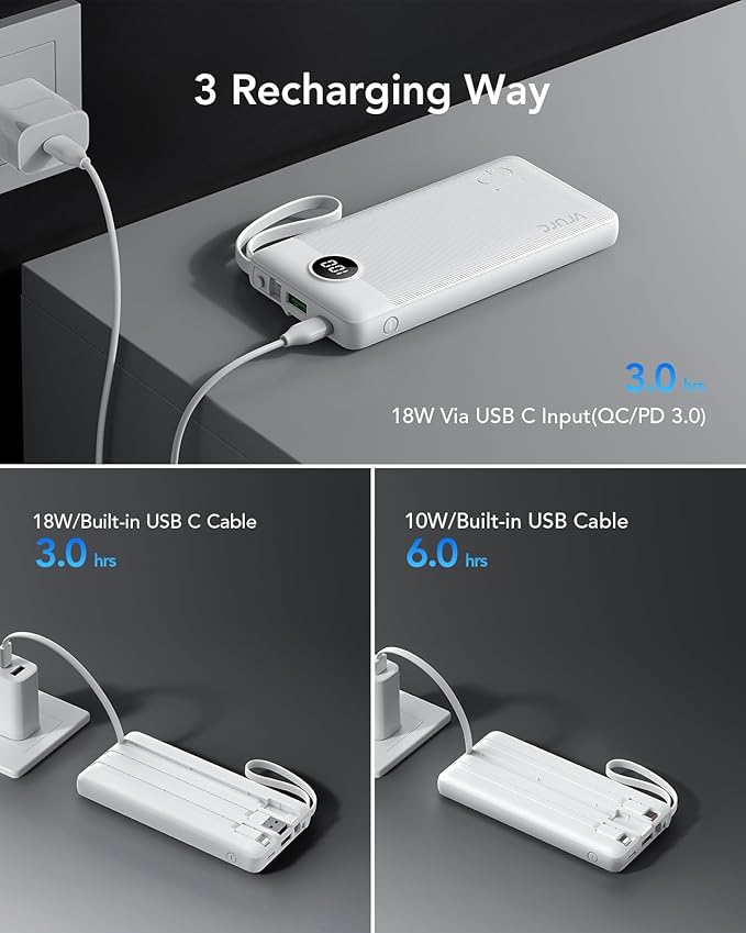 VRURC Portable Charger, 22.5W Power Bank 10000mAh, USB-C Cable in & Out Fast Charging Battery Pack, Compact Travel Essential 4 Outputs 3 Inputs for iPhone 16 15 14 13,Samsung, Android etc-White