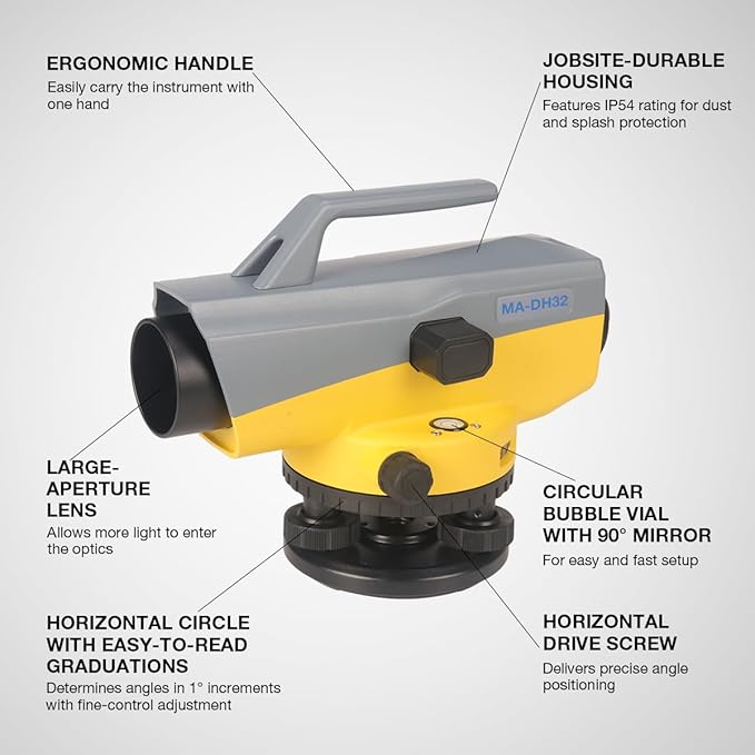 Automatic Optical Level 32X High Precision Auto Level Kit with Magnetic-Damping Compensator, IP66 Waterproof, 60m Range for Surveying, Construction, and Mining