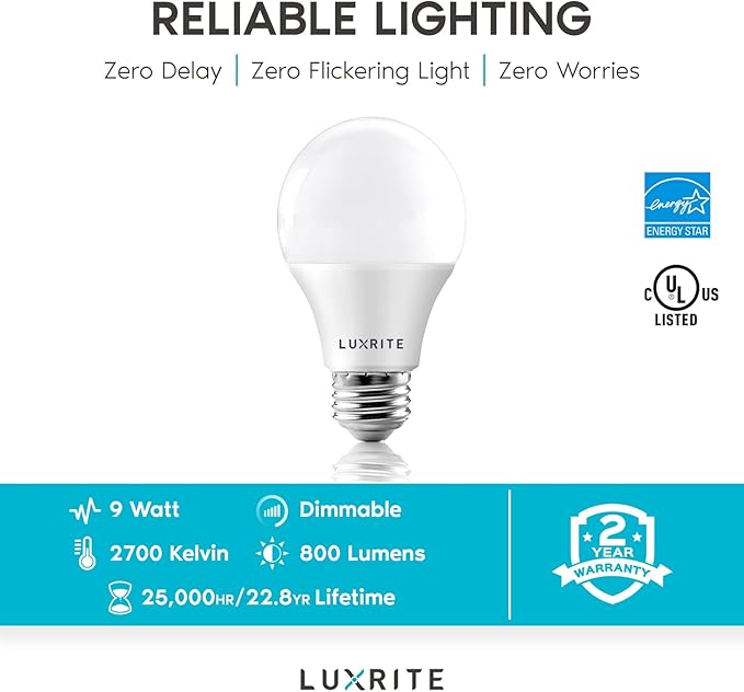 LUXRITE A19 LED Light Bulb 60W Equivalent, 2700K Warm White Dimmable, 800 Lumens, Standard LED Bulb 9W, E26 Base, Energy Star, Enclosed Fixture Rated, Perfect for Lamps and Home Lighting (12 Pack)