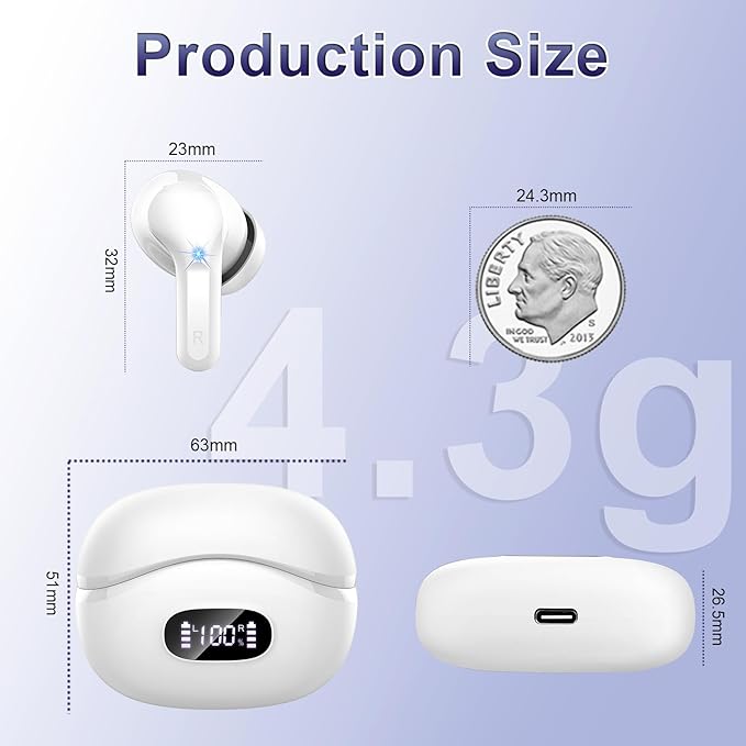 Wireless Earbud, Bluetooth 5.3 Headphones Wireless with ENC Noise Cancelling Mics, 40H Wireless in Ear Earphones with Deep Bass, IP7 Waterproof Ear bud in Ear with LED Power Display for Android/iOS