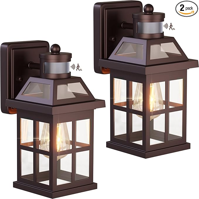 Bronze Outdoor Wall Lights with Motion Sensor, ETL Exterior Light Fixtures Waterproof 2 Pack, Anti-Rust Aluminum Porch Lights Dusk to Dawn Outdoor Lights Brown Lantern Sconces for House