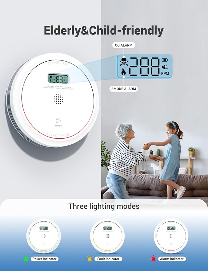 Smoke and Carbon Monoxide Detector Combo 10 Year Battery, Dual Sensor Smoke Alarm Carbon Monoxide Detector with LCD Display for Home, 2 Packs