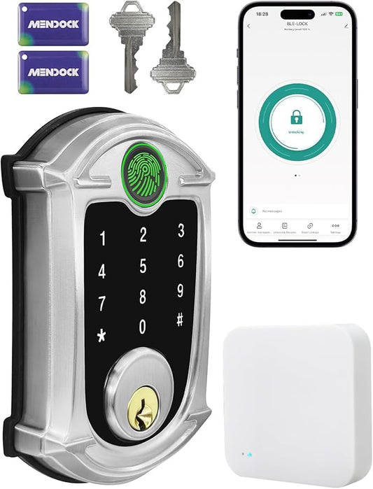 Keyless-Entry Deadbolt Smart Lock Waterproof IP56 Digital Exterior Locks for Front Door, Wi-Fi Smartphone Control Fingerprint Door Lock with Keypad and Key Fob,Satin Nickel - UF02L-GW-S