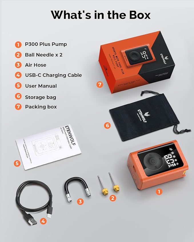 ETENWOLF P300 Plus Ball Pump, Electric Basketball Pump Inflation and Deflation, with 3200 mAh Rechargeable Battery, Air Pump for All Sports Balls