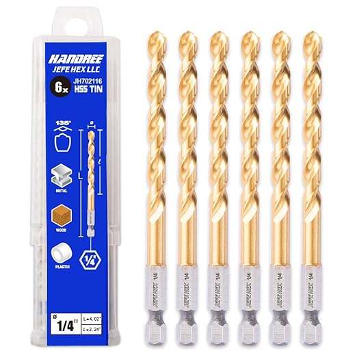 JEFE HEX 1/4" HSS Twist Titanium Drill Bits, Hex Shank for Quick Change, 135 Degree Easy Cut Split Point Drill Bit for Steel, Copper, Aluminum, Zinc Alloy, Wood, and Plastics (Pack of 6).