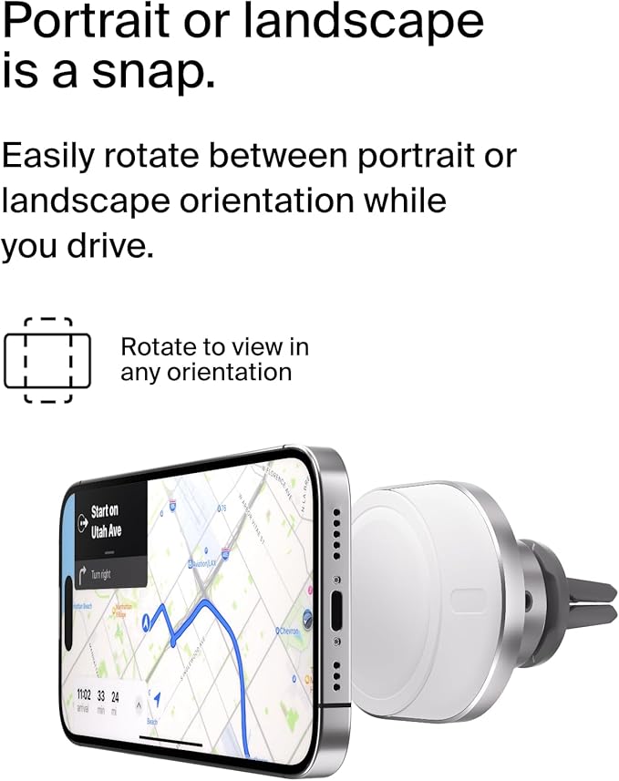 Belkin MagSafe-Compatible Wireless Car Charger with 15W Fast Charging, Powerful Magnetic Vent Holder for iPhone 16, 15, 14, 13, and 12 Series, Secure Car Phone Mount - White