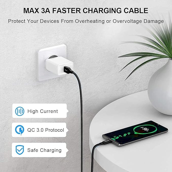 etguuds USB to USB C Cable 2ft, 2-Pack USB A to Type C Charger Cord Fast Charging for Samsung Galaxy A15 A25 A35 A55 A54, S24 S23 S22 S21 S20 S10 S10E, Note 20 10, Moto G, for iPhone 16 15, Black