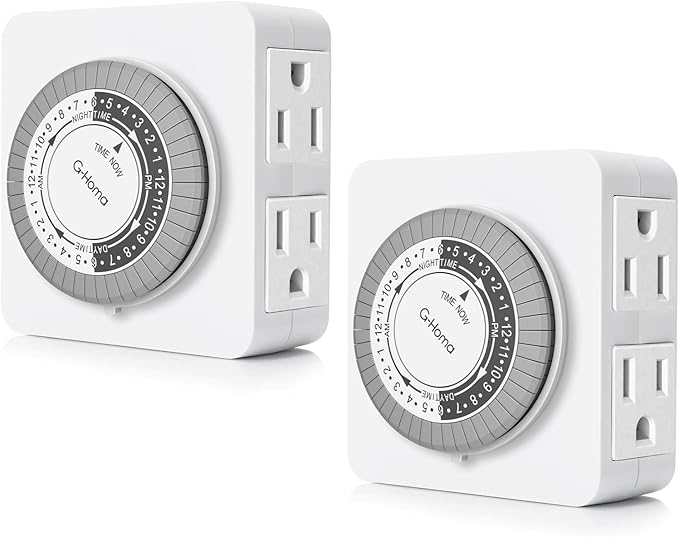 G-Homa Timer Outlet Electric Indoor with 2 Grounded Outlet,Plug-in 24-Hour Mechanical Timers,Daily On/Off Cycle,Energy Saving for Lamps, Seasonal, Christmas Lights and Holiday Decorations (2 Pack)