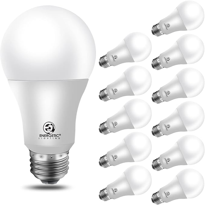 Energetic A19 LED Dimmable Light Bulbs, 100 Watt Equivalent Warm White 3000K 13.5W 1600lm, CRI80+, 15000Hrs, 12-Pack，UL Listed