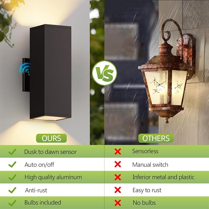 KIZON Outdoor Wall Lights with Dusk to Dawn Sensor 2 Pack, Modern Outdoor Sconce Lights with Oil Rubbed Bronze Finish, Aluminum Exterior Lighting Fixtures for House Porch, ETL Listed