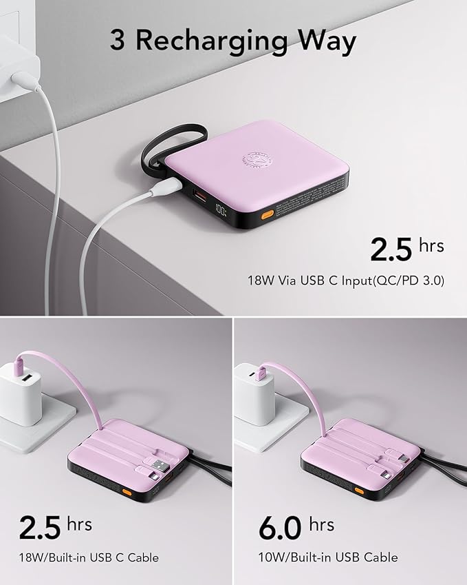 VRURC Portable Charger with Built-in Cable, 10000mAh Power Bank, 22.5W/PD20W Fast Charging USB C Battery Pack for iPhone 16 15 14 Samsung Galaxy S25 S24 S23 S22 Android Airpods, Purple(1 Pack)