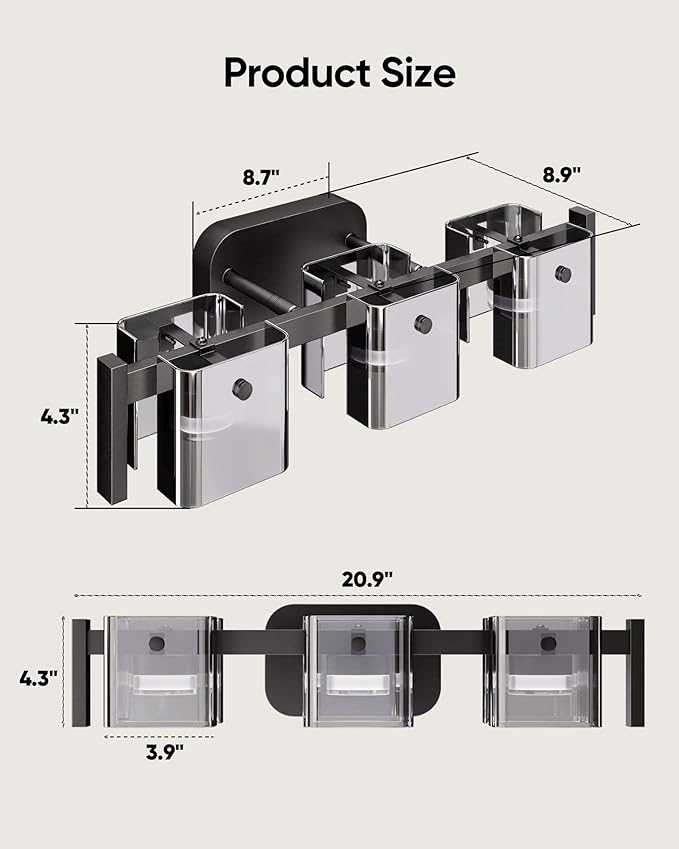 JACKYLED Bathroom Light Fixture, Modern 3-Light Vanity Lights with Art Glass Shades, 3 Color Temperatures LED Bathroom Lighting Fixture Over Mirror, 15W 900 Lumen 30° Adjustable, Ash Gray Glass