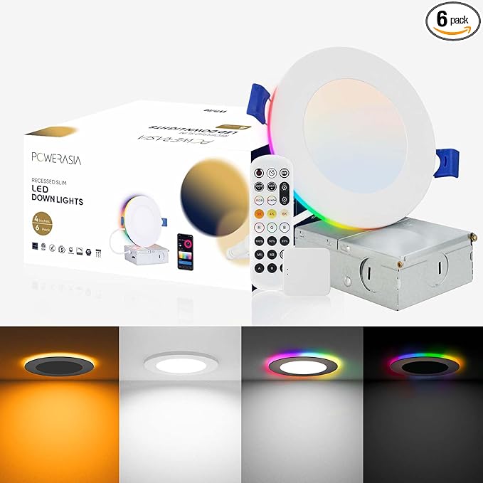 6 Pack 4 Inch Smart LED Recessed Lighting with RGB Back Light, 9W 850LM Smart LED Recessed Lights with Junction Box, 2700K-6000K Color Changing Work with Google Assistant/Siri, Hub INCL