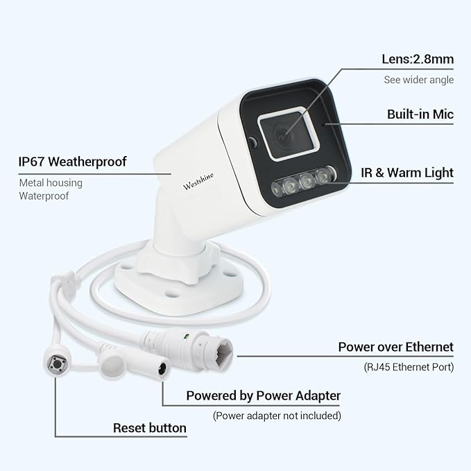 5MP PoE IP Bullet Security Camera,Full Color Night Vision,Human Detection,2.8mm Wide Angle,Built-in Mic for Two-Way Audio,Outdoor IP67 CCTV Camera in Metal Housing