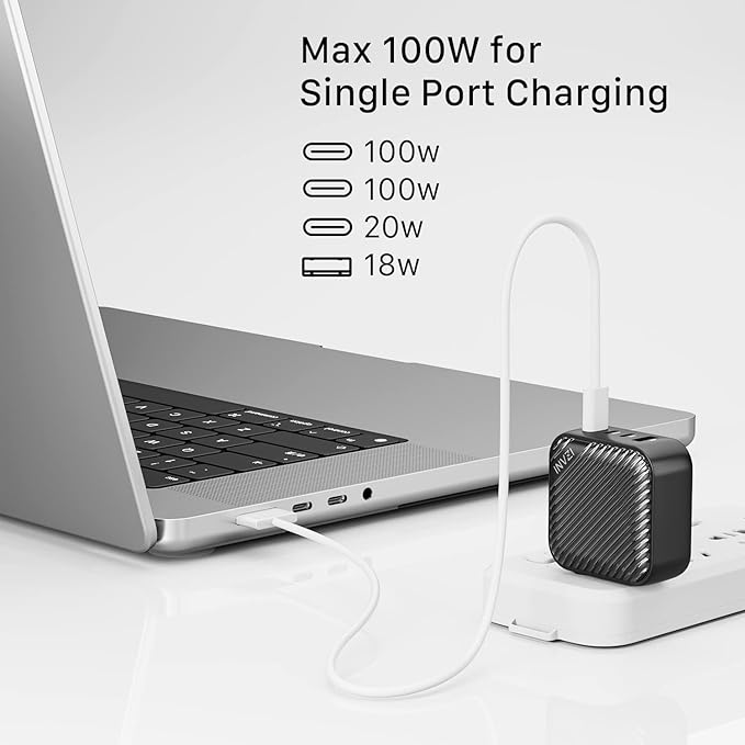INVZI GaNHub 100W USB C Charger Multiport, GaN III 4-Port USB Charging Station Fast Charger Power Adapter for MacBook Pro Air, iPad Pro, Dell XPS, Galaxy S24, iPhone16/15/Pro, Note 20/10+, Pixel