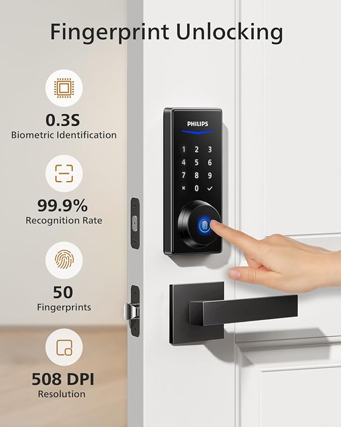 Philips Front Door Lock Set, Electronic Fingerprint Lock with 2 Lever Handles, Keyless Entry Door Lock with Handles, Auto Locking, Fingerprint Unlock, Touchscreen Keypad with Key