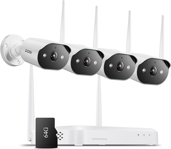 ZOSI 2K Wi-Fi 6 Security Camera System,4pcs 3MP Plug-in Metal WiFi Cameras Indoor Outdoor,AI Person Detection,Color Night Vision,2 Way Audio,8CH 4K NVR with 64GB Memory Card for Motion Recording