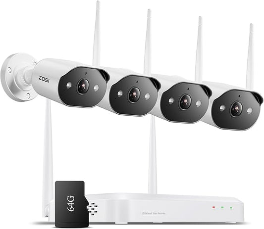 ZOSI 2K Wi-Fi 6 Security Camera System,4pcs 3MP Plug-in Metal WiFi Cameras Indoor Outdoor,AI Person Detection,Color Night Vision,2 Way Audio,8CH 4K NVR with 64GB Memory Card for Motion Recording
