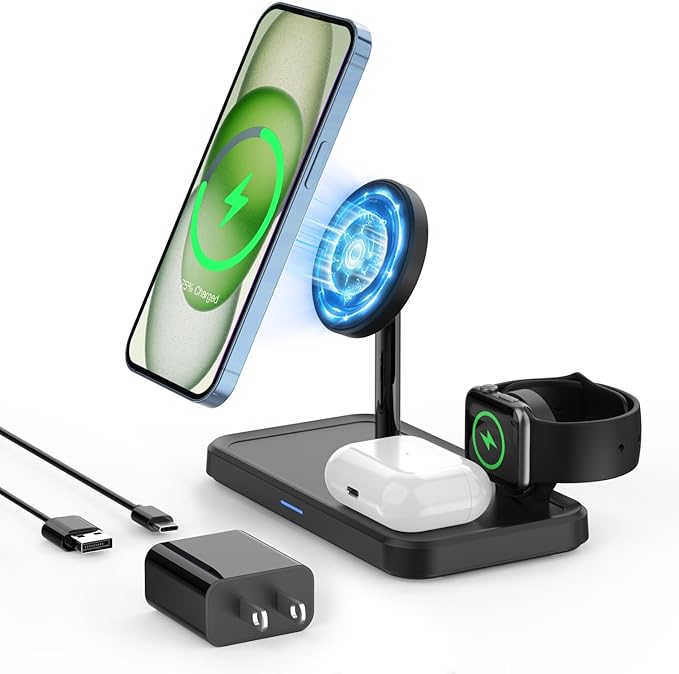 Wireless Charging Station for Apple Mag-Safe: JoyGeek 3 in 1 Magnetic Foldable Charger Stand for iPhone 16 15 14 13 12 Pro Max Plus - Apple Watch 10 9 8 7 6 5 4 SE - AirPods Pro 2/3/4