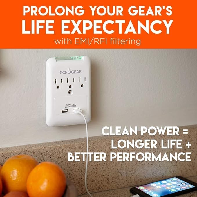 ECHOGEAR Outlet Extender Multiplug 2 Pack with 3 AC Outlets & 2 USB Ports – Low Profile Design Sits Just 1.1" from Wall - Protects Your Gear with 540 Joules of Surge Protection