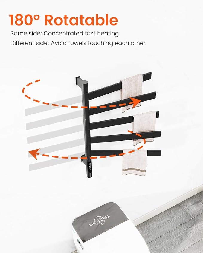 Smart Heated Towel Rack, Black, Stainless Steel, Wall-Mounted, 16.46"L x 16.46"W x 26.57"H, Alexa Compatible, WiFi Remote Control, Touch Panel, 110V, IPX5, Hardwired & Plug-in