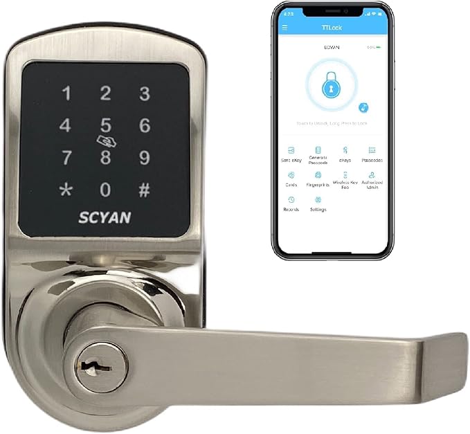 Smart Door Lock, Keyless Entry Door Lock, SCYAN X2 Handle Lock with Touchscreen Keypad Access, Auto Locking, for Home, Airbnb Rental House, Satin Nickel