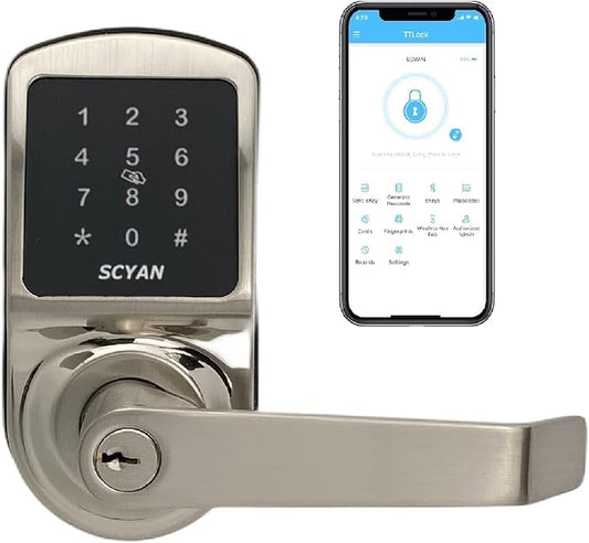 Smart Door Lock, Keyless Entry Door Lock, SCYAN X2 Handle Lock with Touchscreen Keypad Access, Auto Locking, for Home, Airbnb Rental House, Satin Nickel