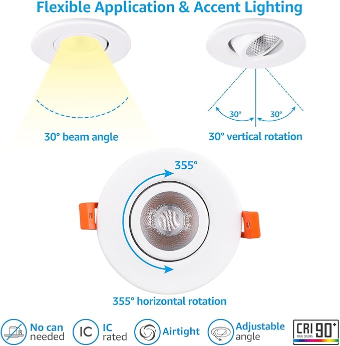 TORCHSTAR 12-Pack 5CCT 3 Inch Gimbal LED Recessed Light, 7W CRI90+ Dimmable Adjustable Eyeball Canless LED Downlight, 2700K/3000K/3500K/4000K/5000K Selectable, Airtight IC, ETL