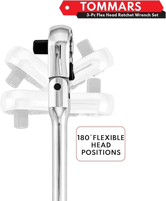 TOMMARS Flex-Head Stubby Ratchet Set, 1/4", 3/8", 1/2" Drive Flexible Mini Small Ratchet Handle Wrench 72-Tooth Quick-Release Reversible