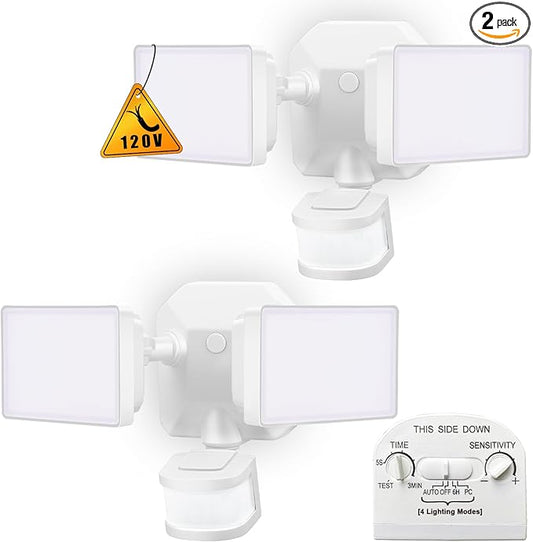 Security Lights Outdoor, Flood Lights Hardwired AC Power, Motion Sensor/Dusk to Dawn/ 6Hrs/Eco Dim 4 Working Modes, 280W Equiv. 5000K, Exterior Security Floodlight for Yard/Garage/Patio, 2Pack