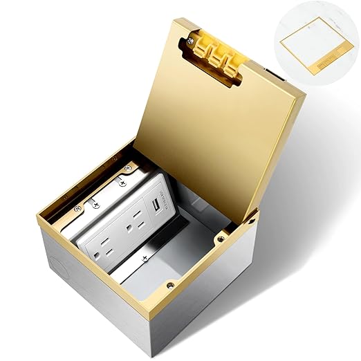 Vagueior Recessed Flat Hidden Floor Electrical Outlet Kit,Hidden Duplex 15A Tamper-Resistant Receptacle Outlet and 2.1A USB Port，Waterproof Electrical Outlet Covcer Box,Gold