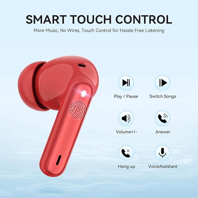 Wireless Earbuds, Bluetooth 5.3 Headphones 40Hrs Playtime Deep Bass Stereo, LED Power Display, Call Noise Canceling Headphones with Mic, IP7 Waterproof Earphones for iOS Android Red