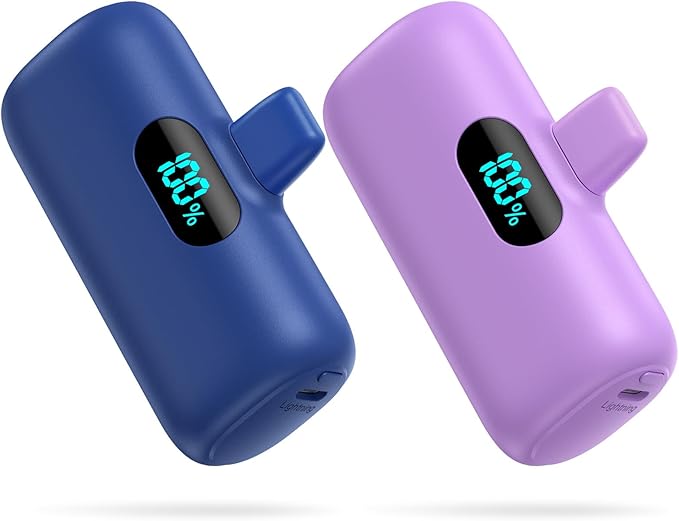[2 Pack] Small Portable Charger for iPhone,Upgraded 5000mAh PD Fast Charging Power Bank, LCD Display Cute Mini Battery Pack Compatible with iPhone 14/14 Pro Max/13/13 Pro/12 Pro/11/XR/X/8,Blue+Purple
