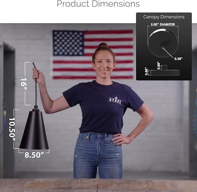 Steel Lighting Co. Laurel Pendant Light | Ceiling Mounted | 8.5 inch Cone Shade | Modern Contemporary Farmhouse Style Made in America | White Gold Cloth Cord | Cream Exterior/Brass Interior