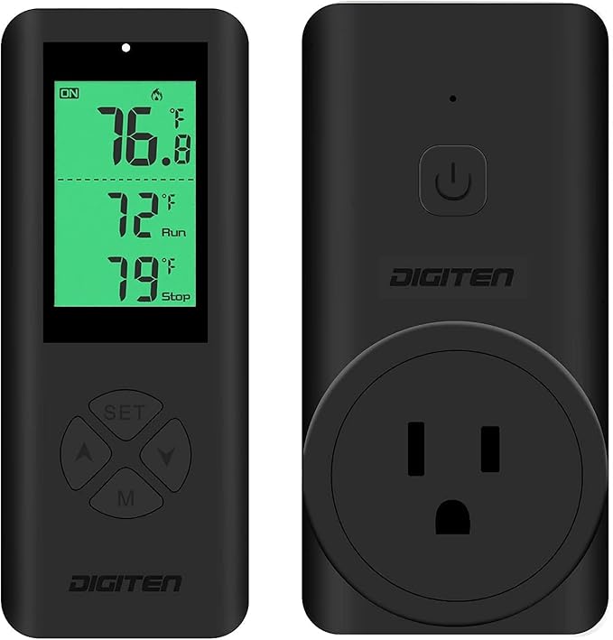DIGITEN Wireless Thermostat Plug-in Temperature Controller Outlet Remote Control Built in Temp Sensor Thermometer Heating Cooling Mode for Fan Heater Greenhouse Home Brew Reptile, Black