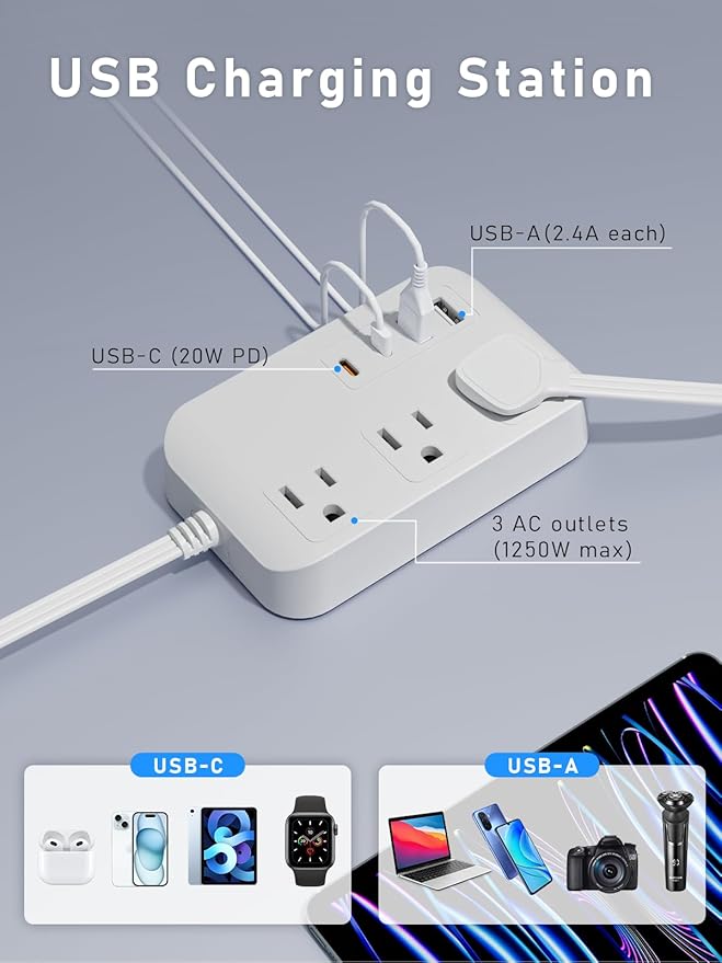 Power Strip-6FT Extension Cord Flat Wall Plug,3 Outlets 2 USB,2 USB-C,PD20W Charging Ports,Electrical Outlet,Flat Plug Power Strip,Outlet Extender,Cruise Ship Essentials for Home Dorm Room Essentials
