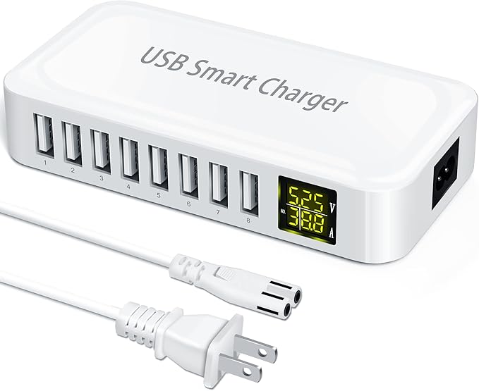USB Charging Station, Ziwodiv 8-Port 60W/12A Charger Station, Multi Ports USB-A Charging Hub with LED Display, Compact Desktop Charger for Multiple Devices, iPhone iPad Samsung Android and Tablet