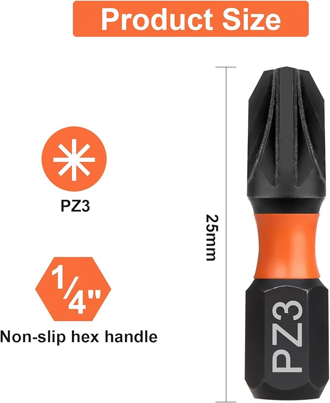 Pro PZ3 Bit Assortment - Screwdriver Bits Set 20Pcs, 25mm Length, Pozi Screwdriver Bit, 1/4 Inch Hex Shank, with Storage Box