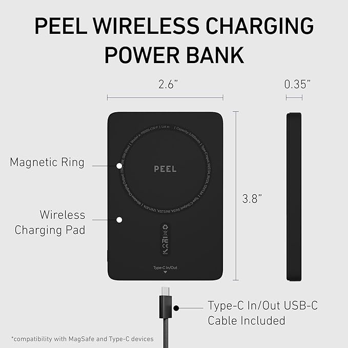 PEEL Magnetic Wireless Portable Charger – Ultra Slim 5,000mAh Power Bank, Compatible with MagSafe Devices, 15W Wireless & 20W USB-C Fast Charging, Lightweight for iPhone 16/15/14/13/12 (Black)