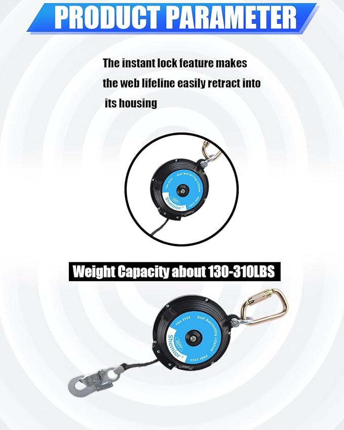 26FT Shemior Web Self Retracting Lifeline, No Tangle Lightweight Housing SRL, Self Retractable Safety Lanyard, Fall Arrest Protection PPE Gear for Roofing Construction, OSHA/ANSI Compliant