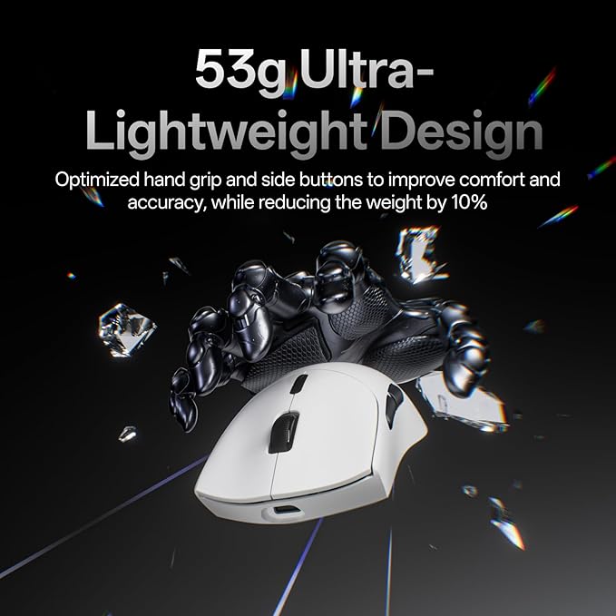 Rapoo VT7 Wireless Gaming Mouse, True 8K Wireless Polling Rate, 53g Lightweight, Up to 500 Hr Battery, Nordic nRF54L15 MCU, 100-Million Mechanical Switch, 10 Programmable Buttons, White