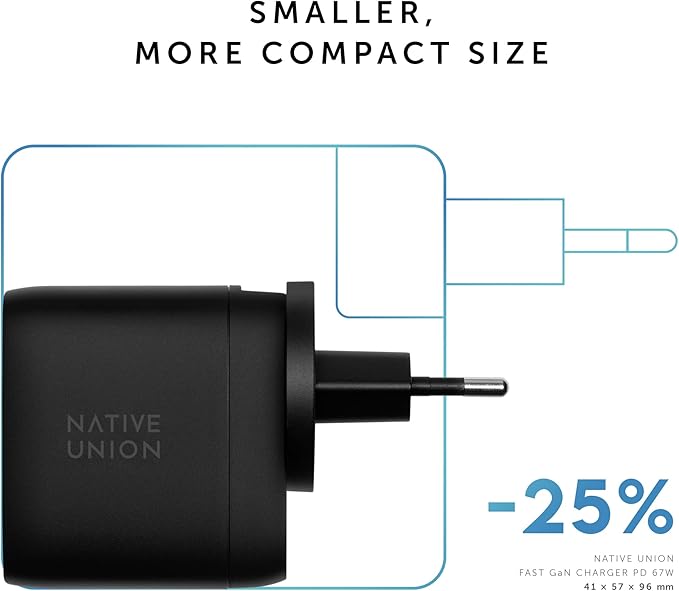 Native Union Fast GaN Charger PD 67W – Ultra-Compact Multi-Device Power Delivery Enabled USB-C Charger Up to 67W – for MacBook Pro, iPads, iPhones, Pixel, Galaxy & Other Type-C Devices (Black)