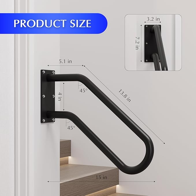 Hand Rails for Outdoor 1-2 Steps, Indoor Stairs, Bathroom, Wall Mount Non-Slip U-Shape Stair Hand Railing Black 2 Packs