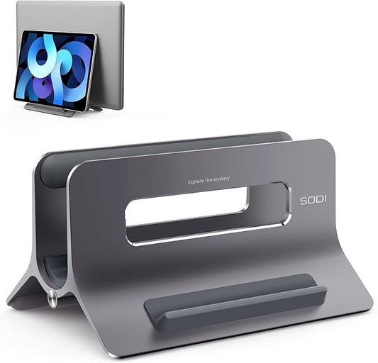 SODI Vertical Laptop Stand for Desk, Gravity Auto Lock MacBook Stand, Aluminum Laptop Holder Vertical Compatible with MacBook Pro, Air, Tablet, Space-Saving Organize Work & Home Office, Gray