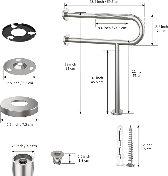 Toilet Grab Bar 23.4 Inch, YuanDe Wall to Floor Brushed Nickel Bathroom Safety Bar w/Anti-Slip Knurled Grip, Stainless Steel Handicap Grab Bar with Leg,Support Bar for Disabled Elderly Pregnant