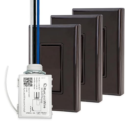 RunLessWire 4-Way Battery-Free DIY Wireless Light Switch Kit 150ft RF Range Self-Powered by Kinetic Energy for Hallways & Stairways: 3 Remote Switches Control 1 5A On/Off Receiver – Brown