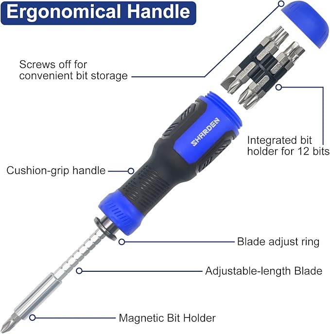 SHARDEN Multibit Screwdriver 13-in-1 Screw Driver Set Adjustable Extension Screwdriver Multitool All in One with Torx Security, Flat Head, Phillips, Hex, Square and 1/4 Nut Driver