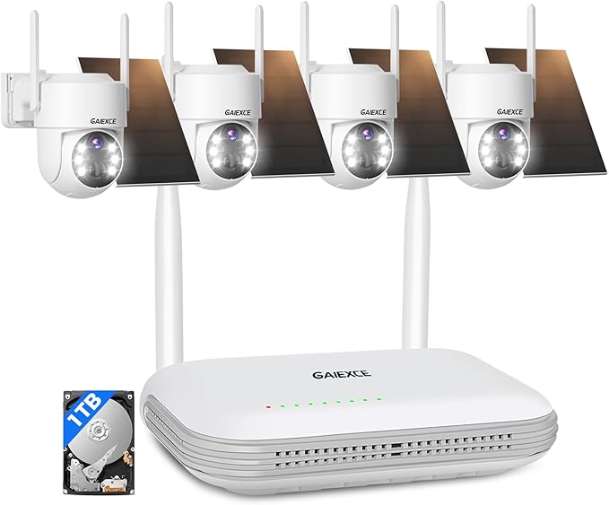 Wireless Solar Security Camera System, 【No Monthly Fee】 Solar-Powered Home Security Cameras System with 360° Pan & Tilt, PIR Motion Detection, 4MP Color Night Vision, 1T HDD